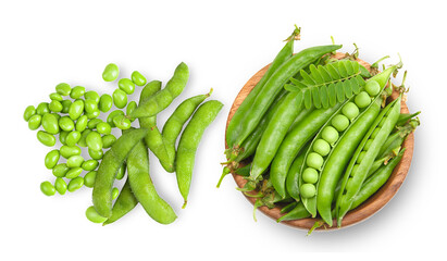 fresh green peas and edamame on white background