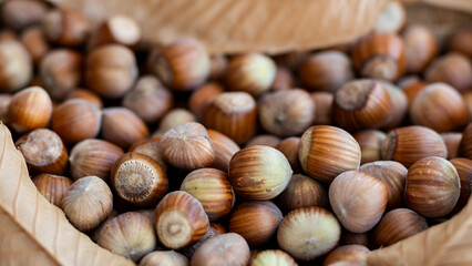 Basket of fresh hazelnuts with green shades, ready for drying, accompanied by dried tree leaves. Close-up shot highlighting natural colors and harvest textures.