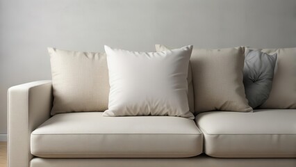 Simple white pillow on a neutral-colored sofa with clean lines and minimal decor