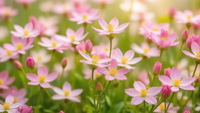 Soft pink petals of Centaurium erythraea flowers in a field