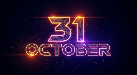 A digital display showing the date october thirty first with circuit board pattern and glowing lights