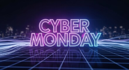 Cyber Monday Neon Cityscape: Digital Sale Event