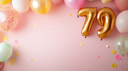 Celebration with colorful balloons and golden number balloons for age 79