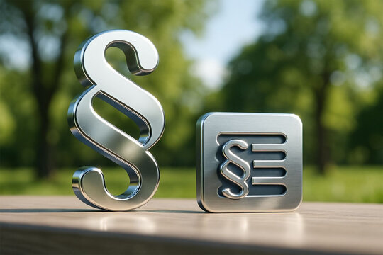 Silver paragraph symbol and scales of justice in a natural outdoor setting