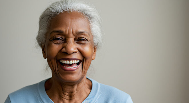 Joyful Elderly Black Woman's Portrait Radiant Smile and Silver Hair - Powered by Adobe
