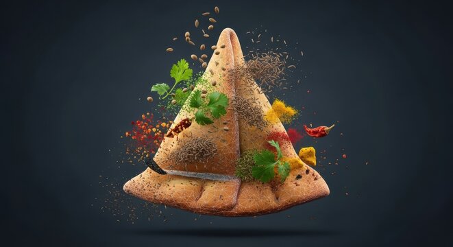A single spicy samosa with flying spices and herbs against a dark background, symbolizing delicious cuisine