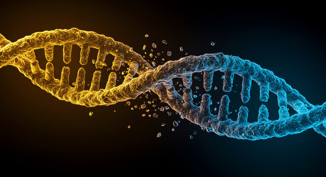 DNA double helix structure splitting and separating into two strands with nucleotides