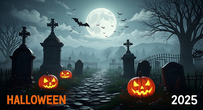 Halloween 2025 graveyard scene with pumpkins, tombstones, bats, and full moon