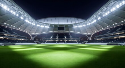 Illuminated stadium at night, showcasing an empty green field and architecture.