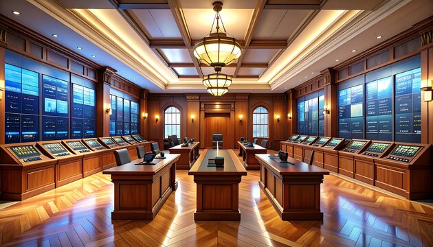 Opulent control room; rich wood paneling, multiple workstations, large screens displaying data