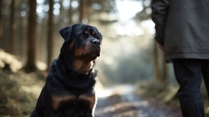 Loyal dog awaits its owner in a sunlit forest path. Evokes themes of companionship, protection, and outdoor lifestyle. Perfect for petrelated ads and articles.