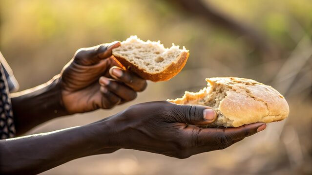 Hands holding and breaking bread outdoors in a natural light setting