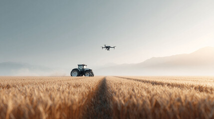 Fototapeta premium Golden wheat field featuring a tractor and a drone, symbolizing innovation and agricultural technology. Evokes themes of future, harvest and landscape.