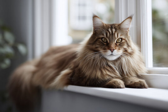 Majestic feline rests on a windowsill, bathed in soft light. Graceful, longhaired tabby cat gazes directly at viewer. Perfect for pet care, home comfort themes.