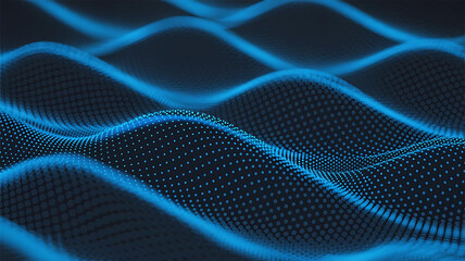Abstract glowing blue digital wave pattern formed by countless tiny particles creating a futuristic science and technology background