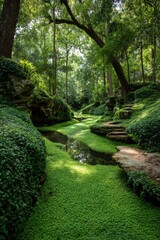 Fototapeta premium Lush, moss-covered pathway winding through a garden. Sunlight streams through trees