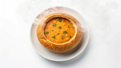 A bread bowl filled with creamy soup garnished with herbs, served on a plate.