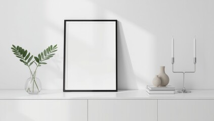 Minimalist interior scene featuring a blank vertical frame with delicate greenery and stylish decor accents