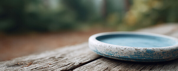 Obraz premium Rustic water bowl on weathered wood, blurred natural backdrop. Ideal for concepts like thirst, nature, pet care, or simple living. Peaceful, muted tones.