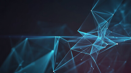 Abstract glowing blue digital network of interconnected lines and points with light beams on a dark background