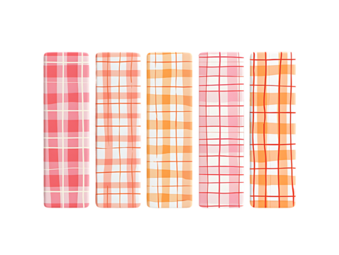 Five Pastel Pink and Orange Gingham Plaid Patterns; Seamless Textures; Summery, Cheerful Design.