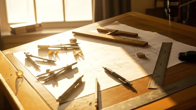 Architectural Design Workspace: Sunlight Illuminates Drafting Table with Tools and Blueprint