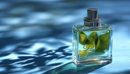 Clear glass perfume bottle with leaves, bluish-toned background