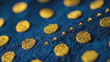Close-up of navy blue fabric with gold polka dots (1)