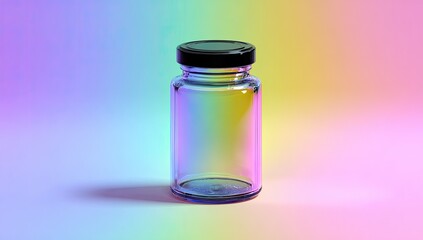 Empty glass bottle with black lid on a colorful background