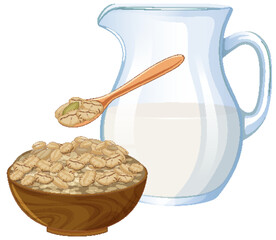 Oatmeal Breakfast with Wooden Bowl and Milk Pitcher