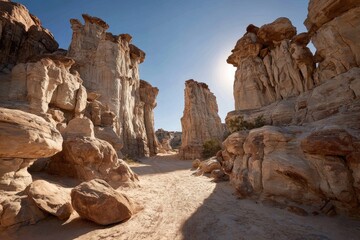 Desert landscape of sculpted sandstone formations. Sunlight streams through narrow passage