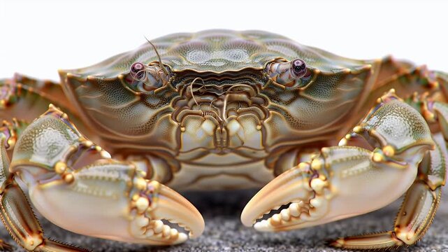 Detailed marine crab close-up, front view, showcasing textured shell and prominent claws on a light background.