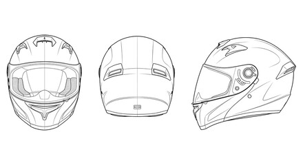 Motorcycle helmet technical drawing in front, side, and back views. Line art illustration of safety headwear.
