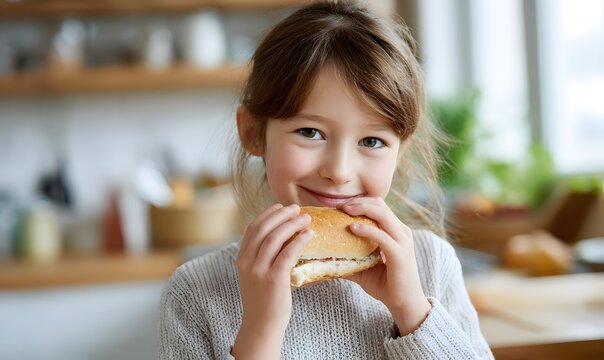 A young girl eating a sandwich in the kitchen,