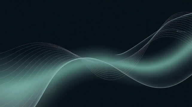 Abstract glowing turquoise wave of particles flowing through dark space with subtle light effects