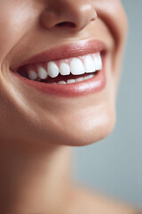 Obraz premium Radiant smile closeup. Perfect white teeth, healthy gums, and glossy lips. Ideal for dental care, beauty, health, and cosmetic concepts. Positive, confident expression.