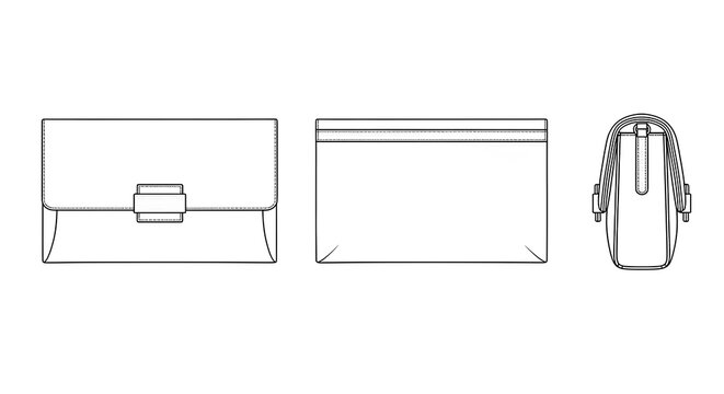 Woman's clutch handbag technical flat fashion sketch. Line art illustration showing front, back, and side views for accessory design.
