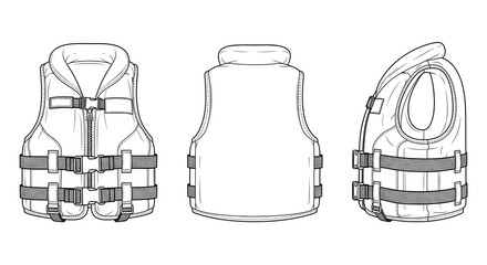 Life jacket vector illustration set. Technical flat sketch template of a personal flotation device showing front, back, and side views.