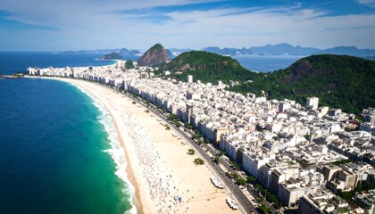 Copacabana's vibrant coastal metropolis, aerial view revealing expansive skyline and stunning