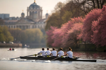 Synchronized rowing team on calm river with city background