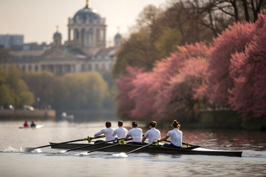 Synchronized rowing team on calm river with city background - Powered by Adobe