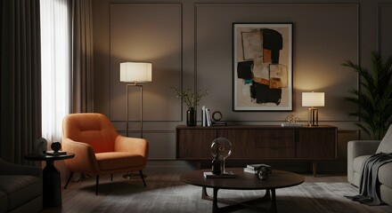 A cozy living room with modern furniture, warm lighting, and artistic decor.