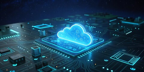 Glowing neon blue cloud symbol rests atop a futuristic microchip circuit board illustrating digital data storage and cloud computing technology