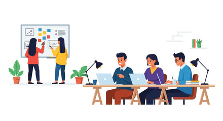 A creative business team collaborating in a modern office. People brainstorming on a whiteboard and working on laptops, illustrating a teamwork concept.