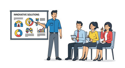 Fototapeta premium Corporate training session with a speaker presenting data analysis and innovative business strategies to an attentive audience.