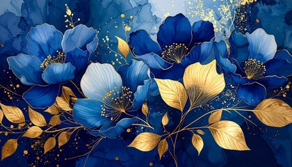 Elegant floral arrangement with blue petals and golden leaves artwork