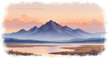 Fototapeta premium Mountain Range View at Sunrise Over Calm Lake Watercolor Painting