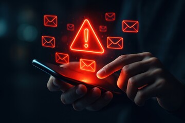 Digital Alert: A futuristic depiction of digital warning symbol hovering above a hand manipulating a smartphone, symbolizing critical system notifications and cyber risk.