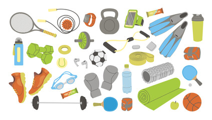 Set of accessories for doing sports. Vector illustration of accessories for doing sports dumbbells, kettlebells, tennis rackets, sneakers and mat, headphones, ball, exercise equipment, jump rope.