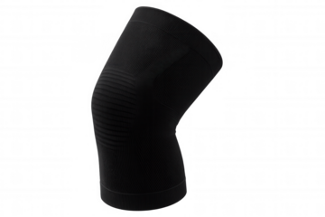 Close-up of a black knee brace support, isolated on a transparent background, providing compression and stability for sports injuries or rehabilitation